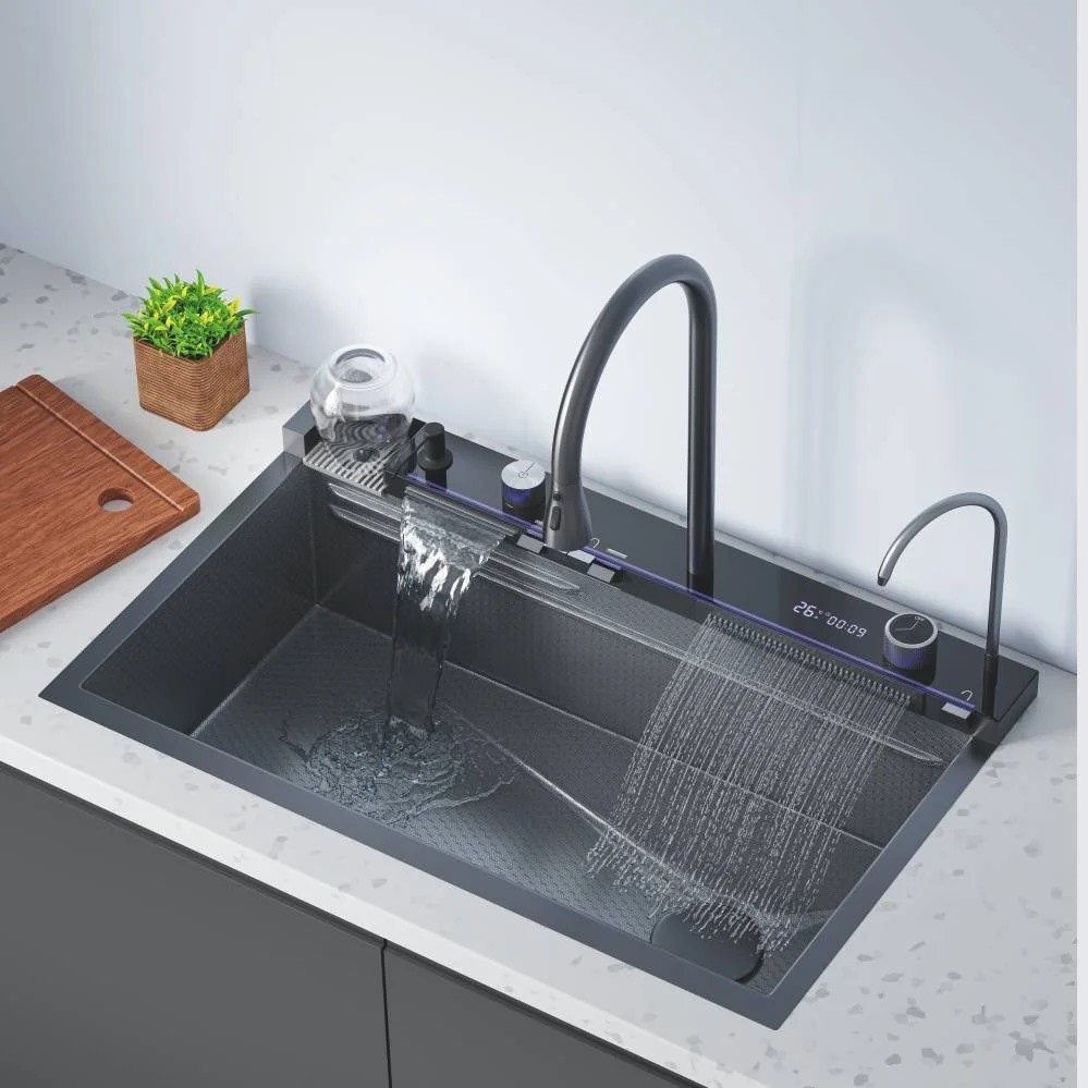 Galley Intelligent Stainless Steel Multifunction All-in-One Waterfall Kitchen Sink with LED Light,Digital Display and Piano Swithces